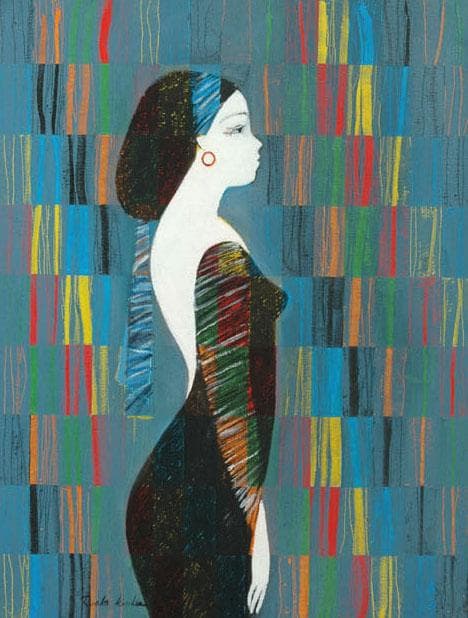 油絵 菅家令子 絵 絵画インテリア額付(青緑＋金色の枠)uF6-030214