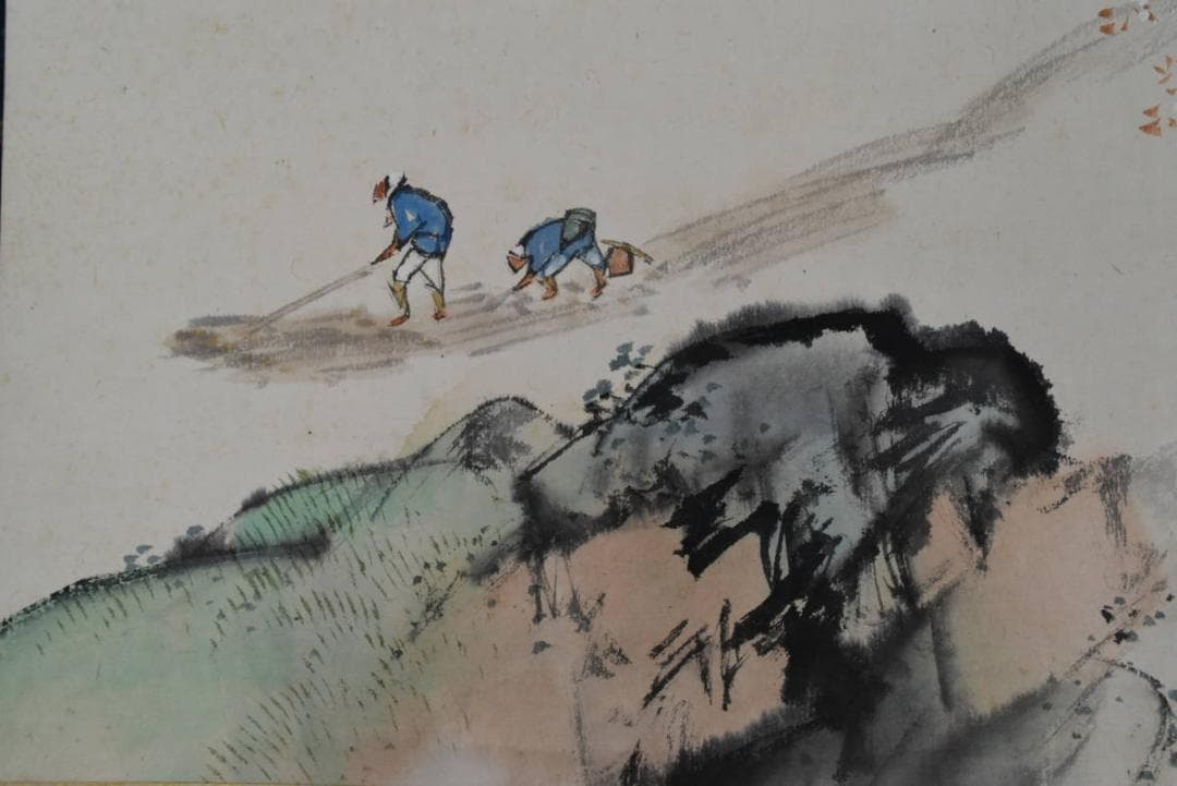 【真作】徳田隣斎/嵐峡春趣/春景筏下り図/山水図/掛軸/名家伝来/AA-895