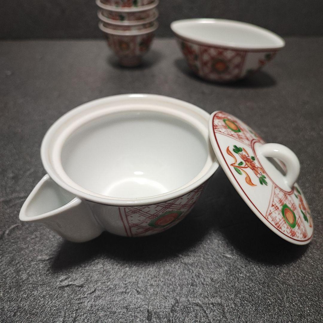 煎茶道具 有田 宝瓶 玉露 小茶器7点セット グリーン玉赤絵 金彩 仙