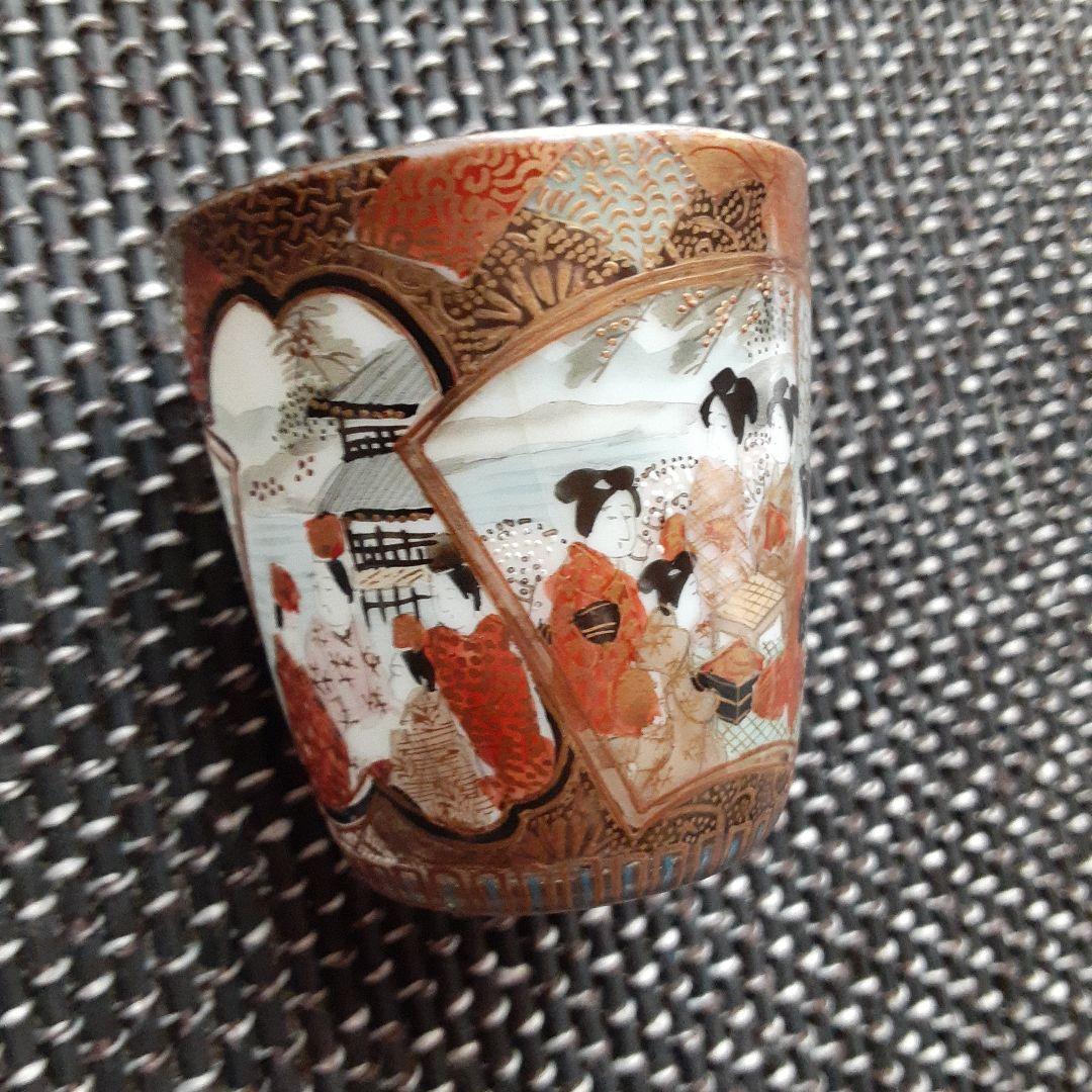 古い卵殻手エッグシェルティーカップ/芸者美人画桜肥蝶山/超絶細密画椀横浜薩摩清水