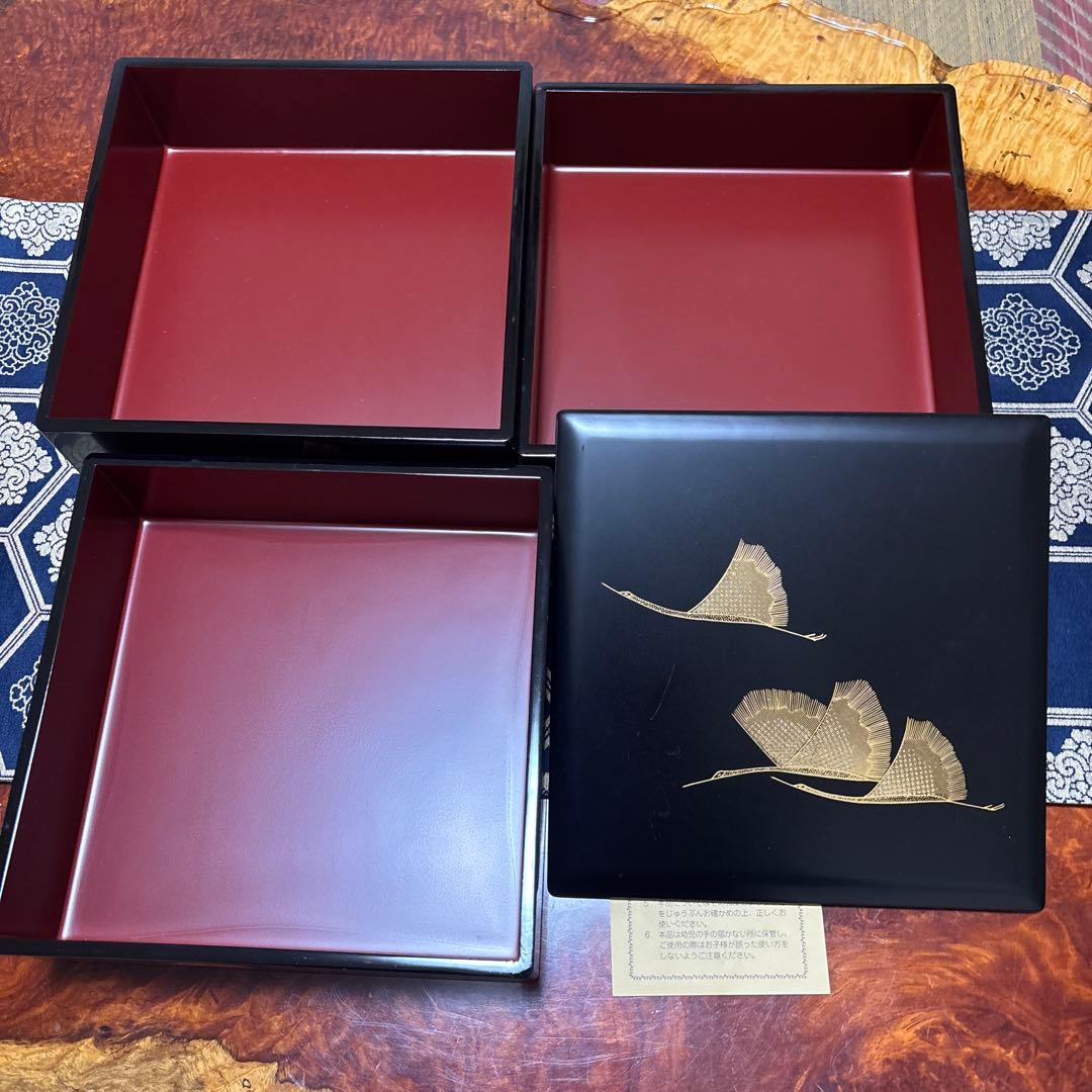 越前漆器 皿5枚セット 、会津塗金色の松の葉模様三段重箱