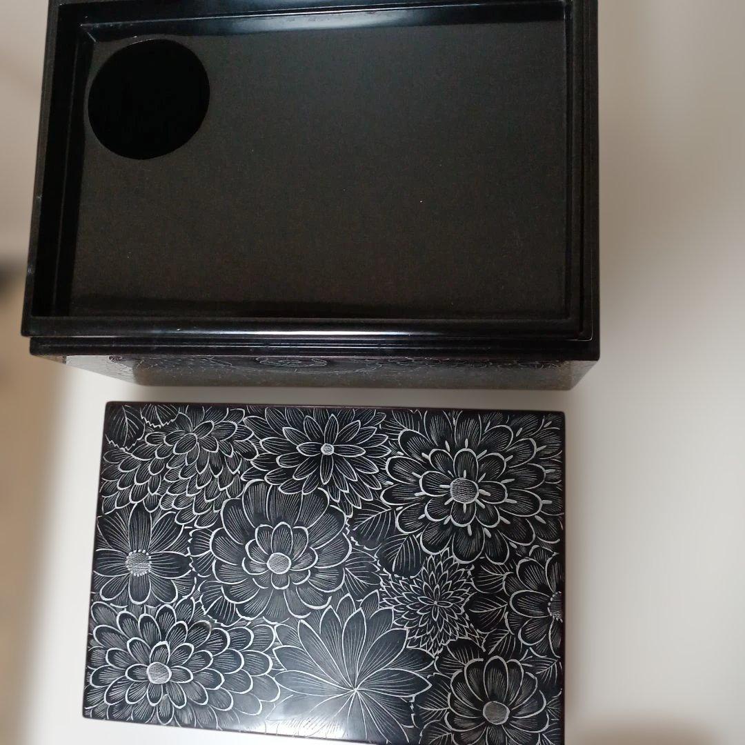 お茶道具、茶箱、銀漆花紋、輪島塗。蓋に補修の後あり、最後に、