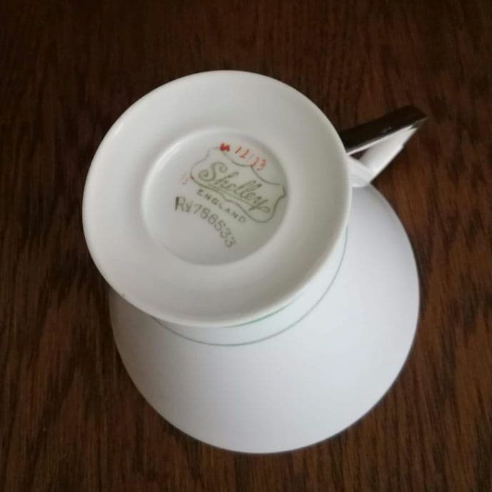 逸品 シェリー カッブ＆ソーサー アールデコ 銀彩幾何学模様アンティーク