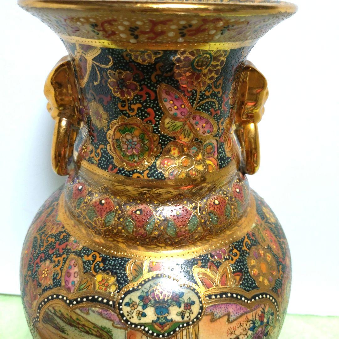薩摩焼　武士　武将　花蝶　色彩　花瓶　壺　骨董品　豪華絢爛　高さ36cm