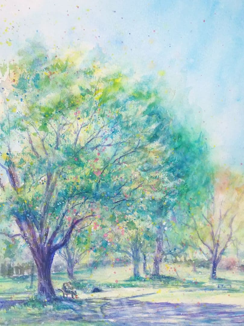癒しの水彩画1020 新緑の公園