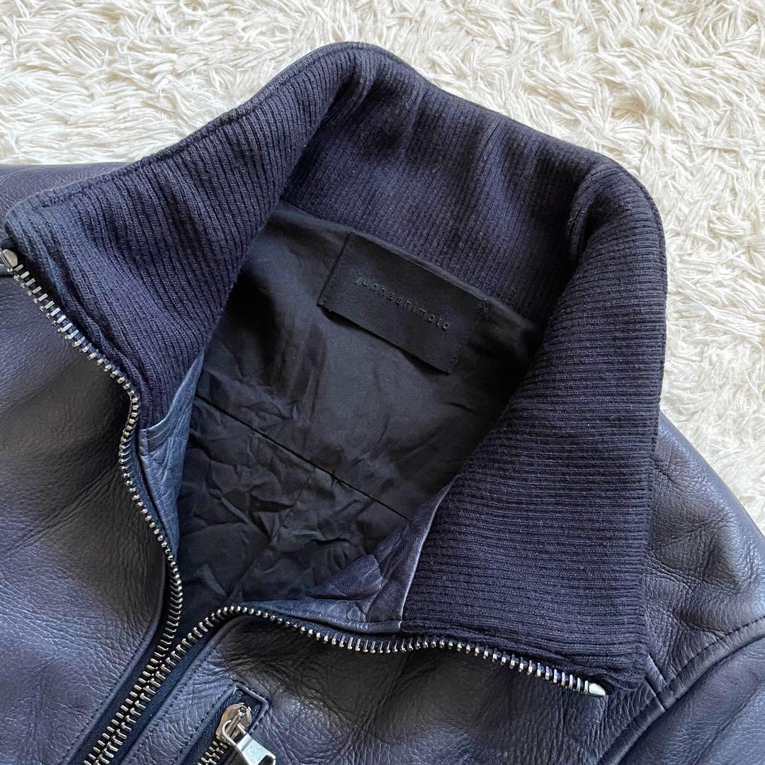 美品】ジュンハシモト インナーライダースジャケット 牛革 シワ加工 紺