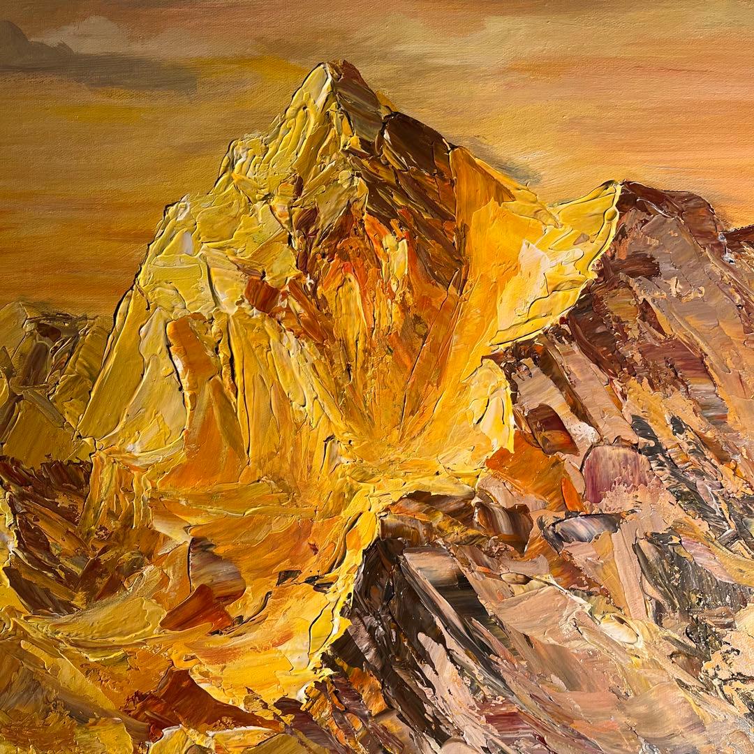 ★特大秀作★ 手書き油絵 ゴールドマウンテン 肉筆絵画 額付 インテリア 油彩画