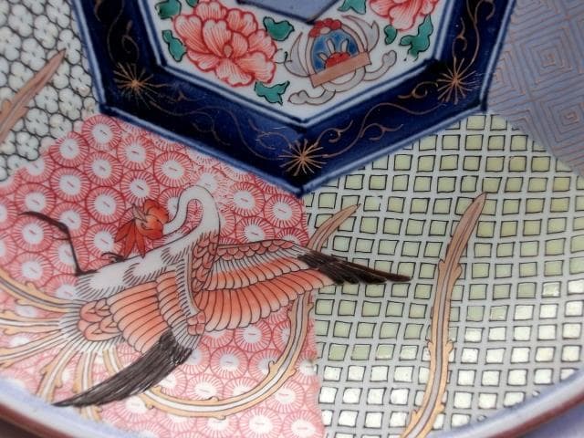 大皿□鳳凰幾何学模様色絵皿 7角花唐草紋 古伊万里 赤絵 時代物 古い