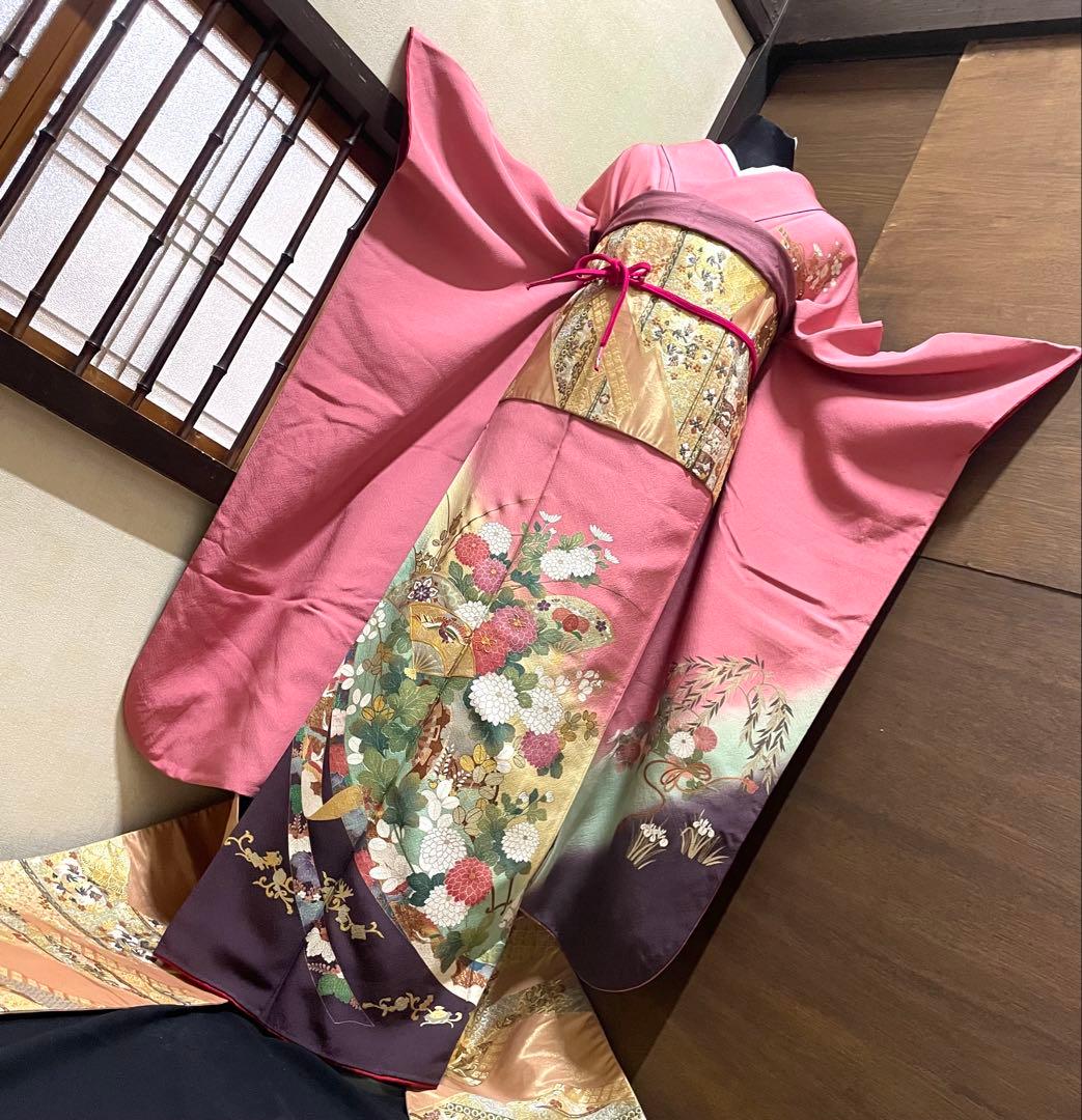 振袖フルセット6点サイズS〜M 駒刺繍 扇面鳳凰花車文 暈し染め 金彩