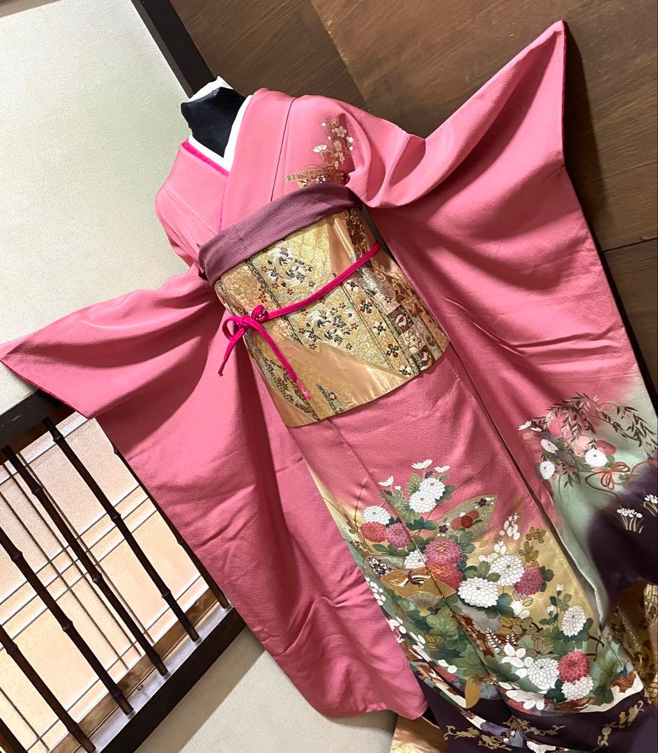 振袖フルセット6点サイズS〜M 駒刺繍 扇面鳳凰花車文 暈し染め 金彩