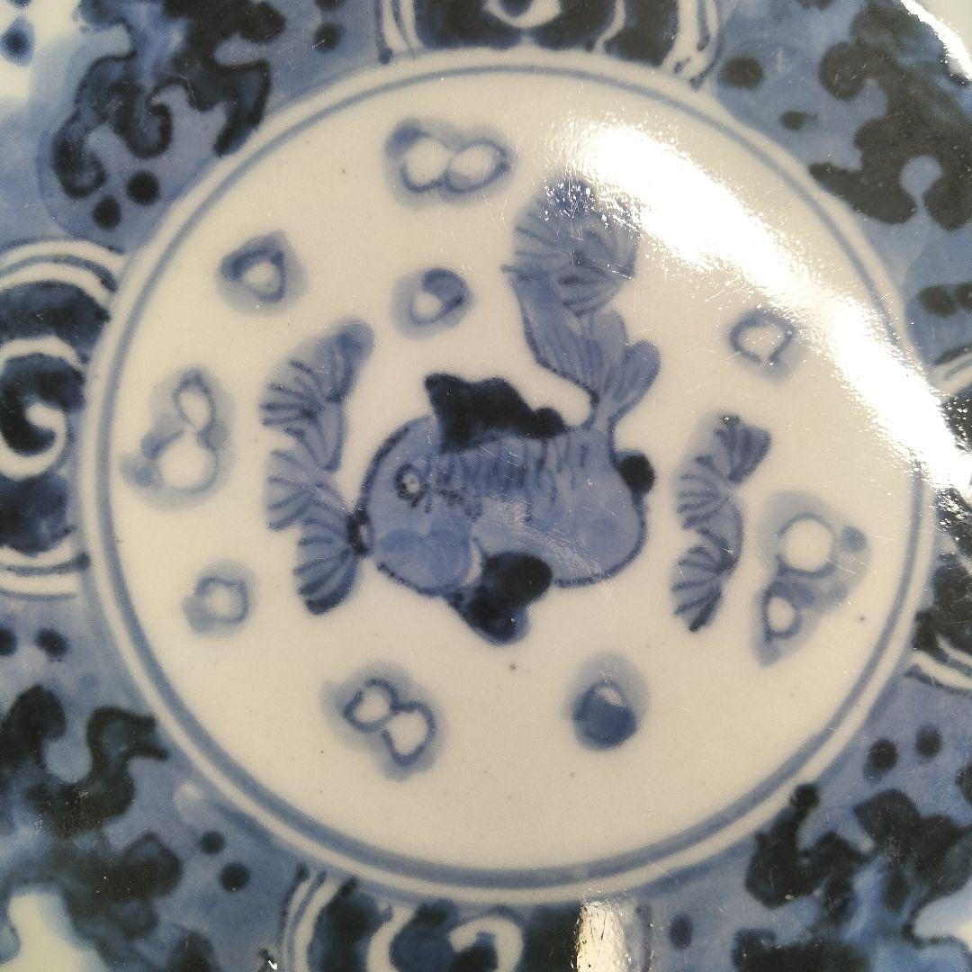 Ｙ556-6 明治期 古伊万里 染付 中皿 魚文 直径17㎝ QQQ