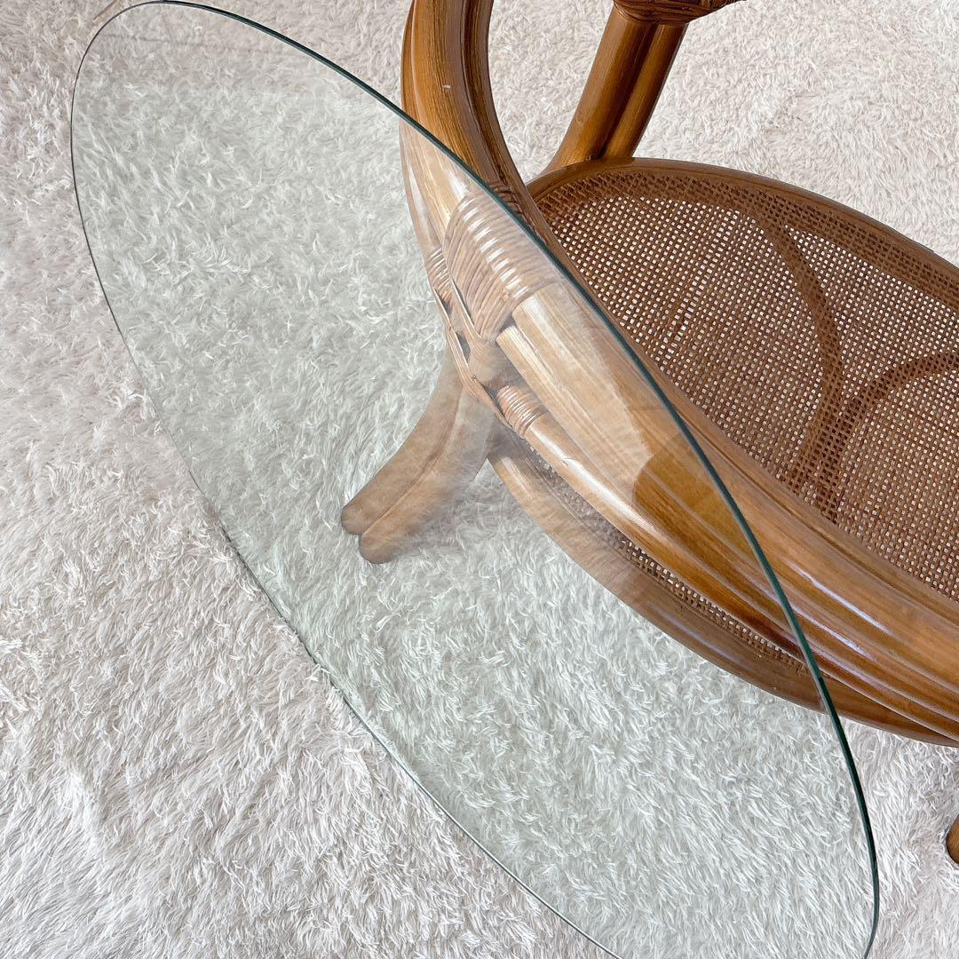 オールド 小泉】ガラストップ 籐 ラタンテーブル センターテーブル レトロ