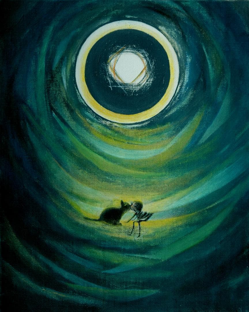 油絵 菅家令子絵 絵画インテリア額付(青緑＋金色の枠)F3-031119猫女の子