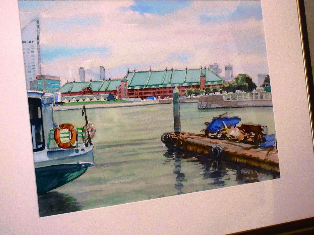 港の風景 水彩画 フレーム付き F6サイズ 原画