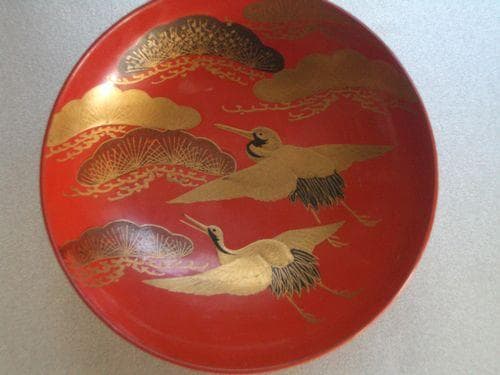 お値下げ！輪島塗 金蒔絵 花鳥 松に鶴紋様 三重盃 朱塗 漆器 盃杯 酒器