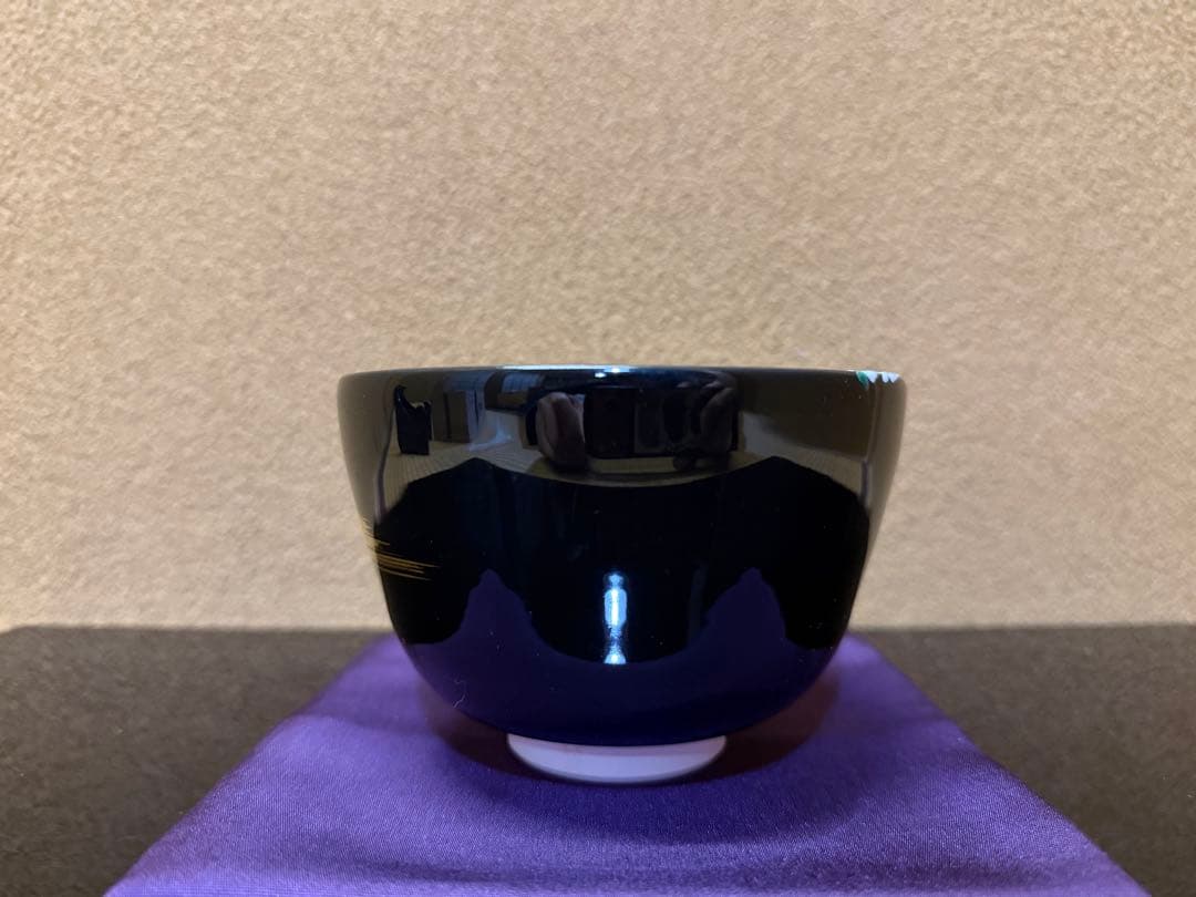 京焼 中村能久 黒釉 夜桜之図 茶碗 共箱