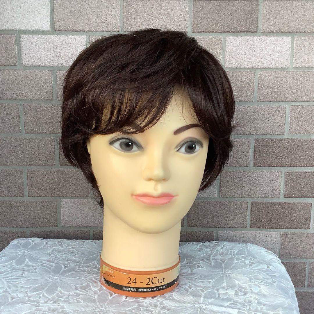 人毛100% 手植えフルウィッグ 医療ウィッグ ショートカール 茶ダークブラウン