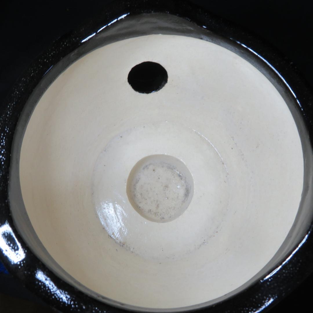 七輪 炭火 一人 火鉢 手あぶり 銘 光 陶板付き 民藝 黒 白 水玉 白黒