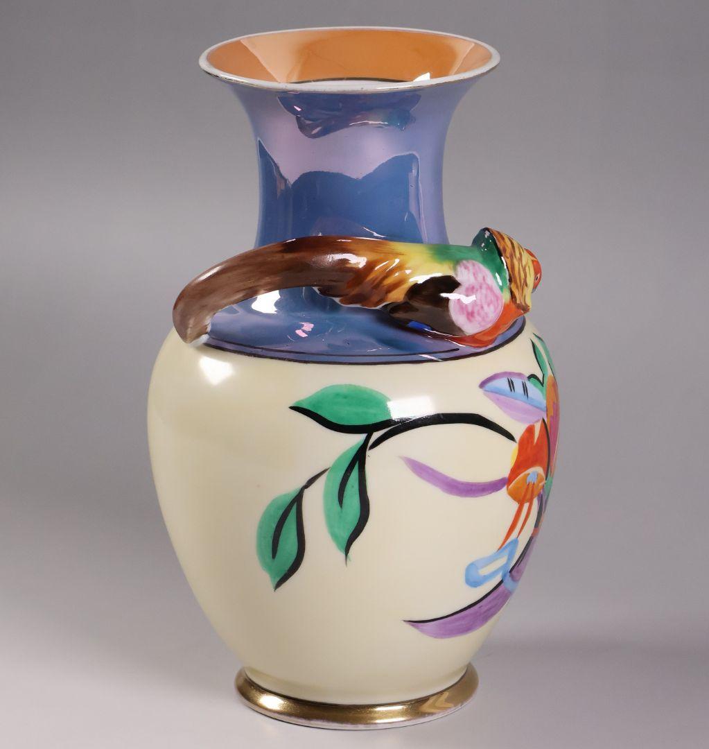 CM312】オールドノリタケ 鳥 花瓶 ラスター彩 オウム インコ 花器