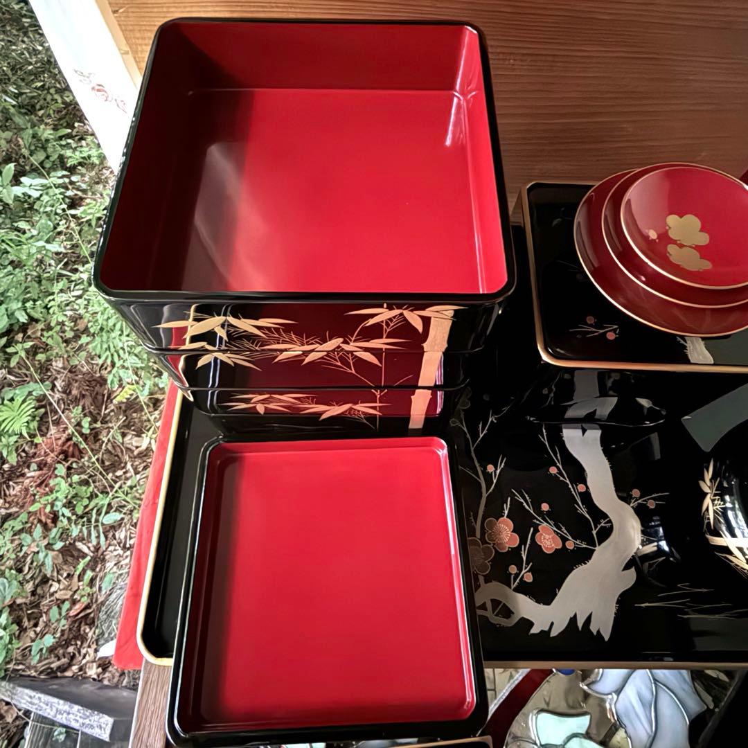 2192様感謝‼️JAPAN輪島塗お屠蘇器七つ揃い『松竹梅鶴』塗師松竹梅落款