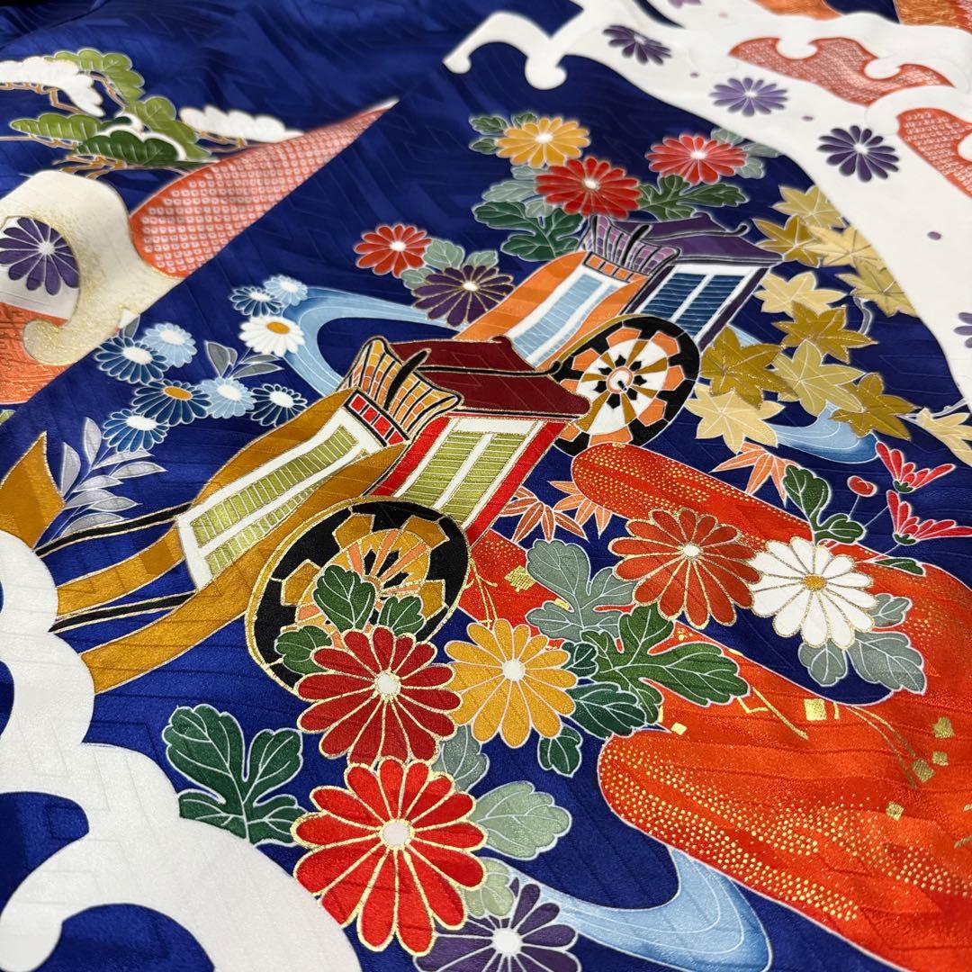 昭和レトロ 振袖 正絹 着物 昭和レトロお誂え振袖群青色群馬桐生手染め