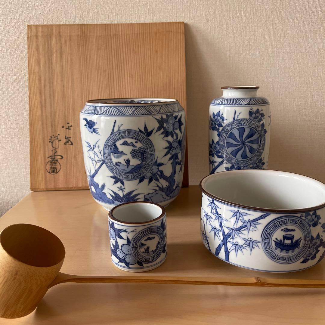 N391皆具『京焼貴山造』『染付祥瑞文』『水指建水蓋置杓立』共箱