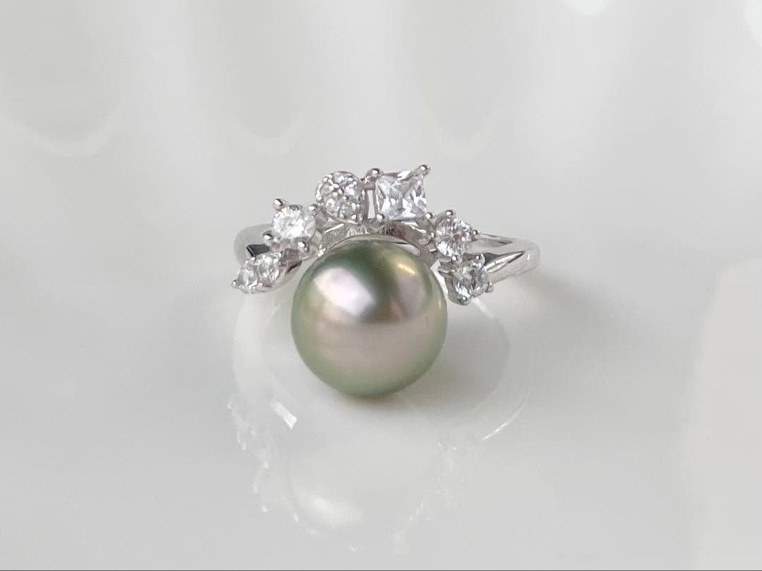 黒蝶真珠 タヒチ 南洋パール 月冠 リング 指輪 s925 ラウンド