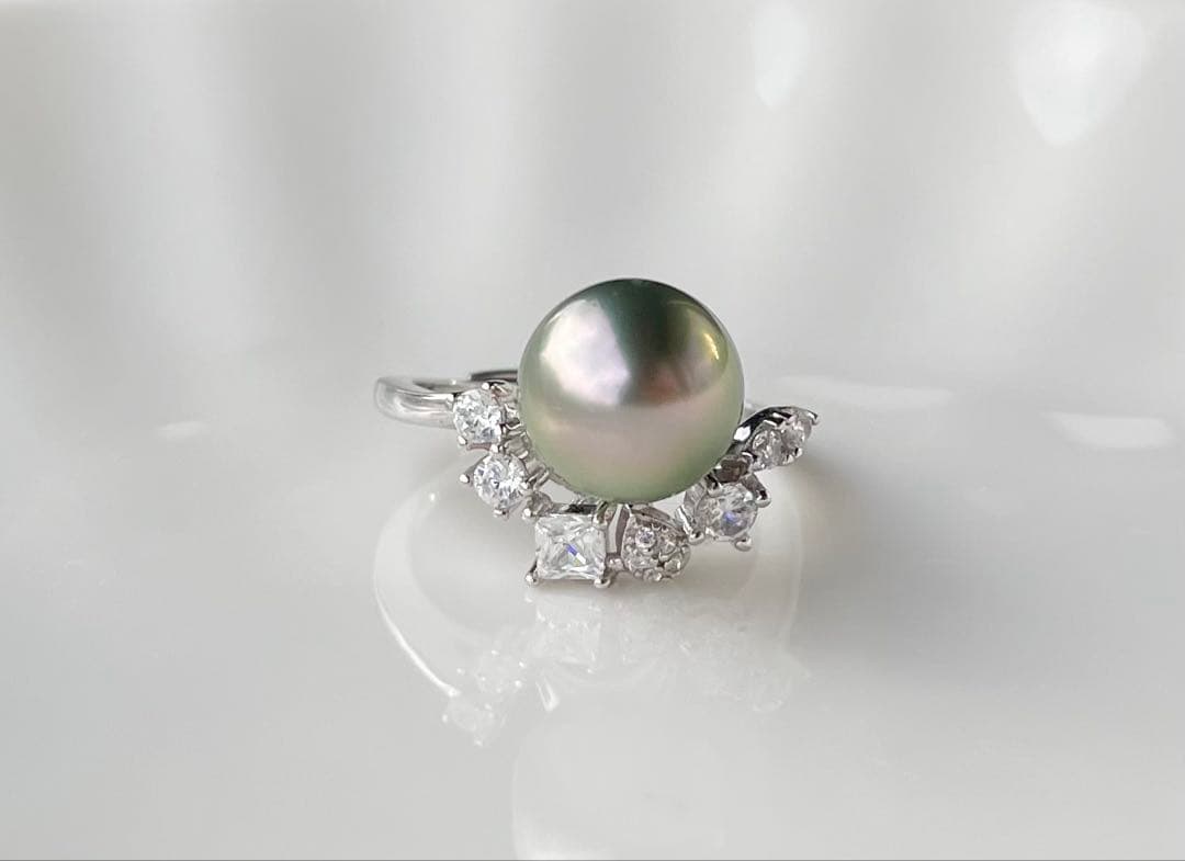 黒蝶真珠 タヒチ 南洋パール 月冠 リング 指輪 s925 ラウンド