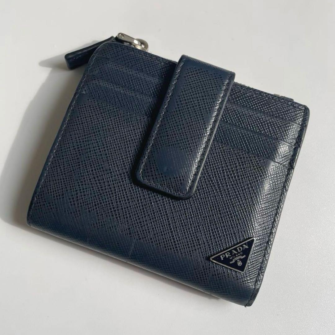 美品】プラダ 二つ折り財布 小銭入れ付 サフィアーノ ネイビー 2MC066