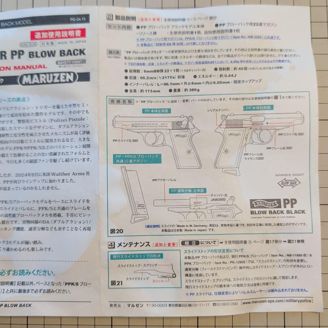 マルゼン　ワルサーPP 　ブローバック　ブラックモデル　取説汚れあり