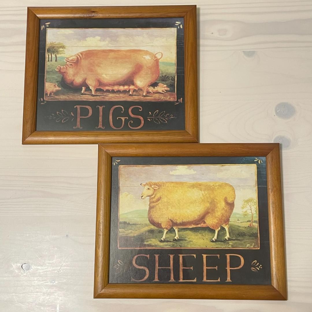 イギリス購入★木製額入り絵 PIG & SHEEP イギリス購入☆木製額入り絵 PIG & SHEEP イギリス購入☆木製額入り