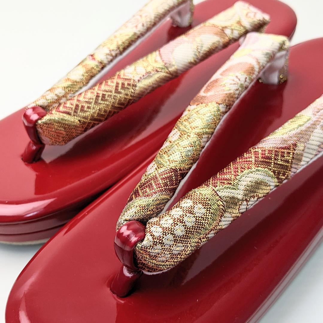 草履バッグセット 振袖 帯地 赤 桜 フリーサイズ w48-6