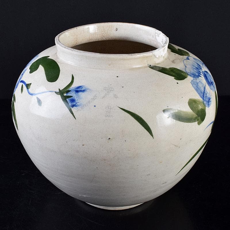 朝鮮美術 李朝 高麗白磁 色絵 花文 壷 高さ約31㎝ V