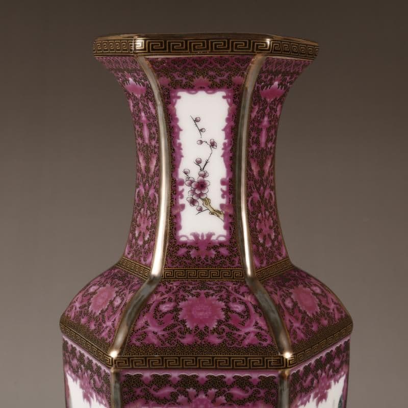清乾隆蒔金琺瑯彩紫紅花鳥六方花瓶 景徳鎮 陶磁器 装飾品 現代工芸品