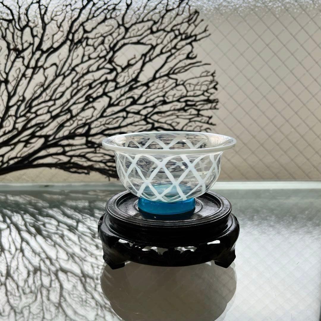 骨董 時代ガラス 超希少 白網目紋 水色台座 反り口 氷コップ ウランガラス