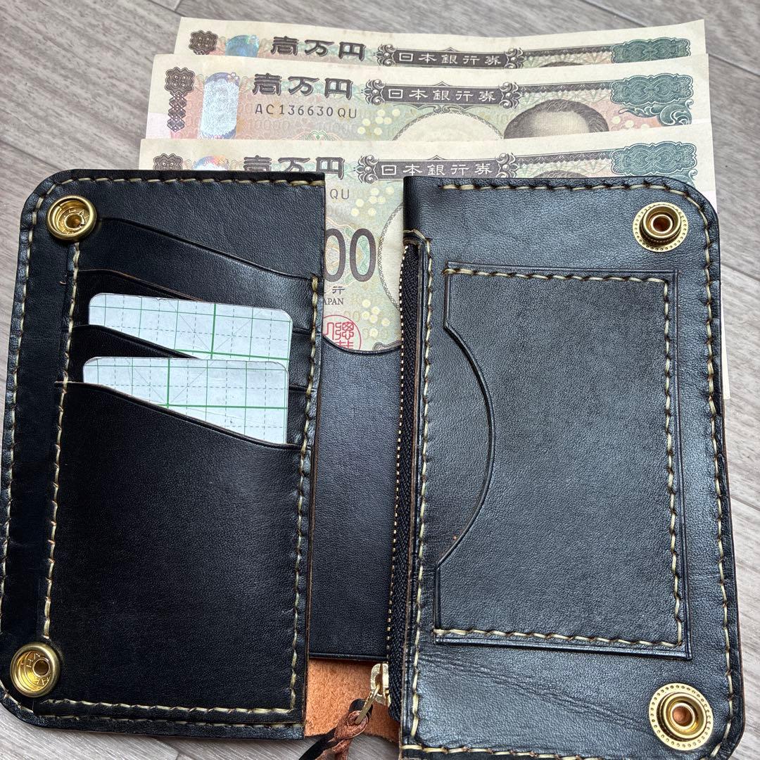 【茶芯ブラック】ミドルトラッカーウォレット　真鍮　お札を折らずに収納　タイプB