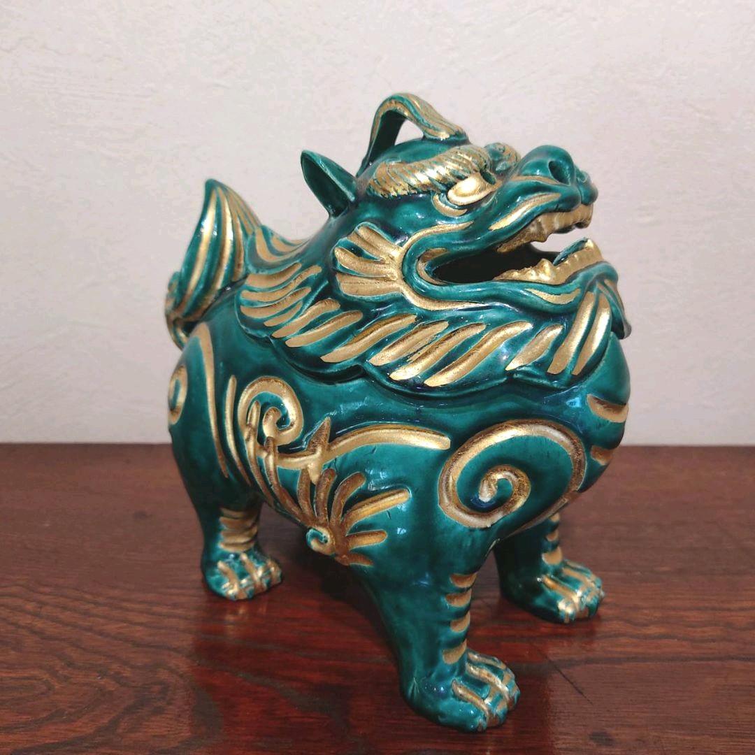 三浦竹軒 青交趾　獅子香炉　二重箱　共箱