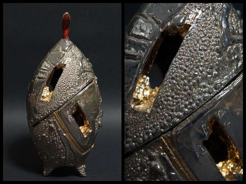 現代陶芸家 市川透造 造形香炉 金プラチナ使用 共箱 共布備前 (師/隠崎