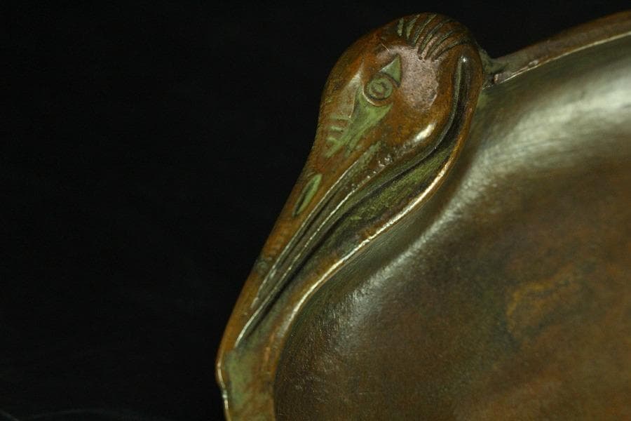 銅 鶴 楕円形 皿 11.5cmx7cm 在銘 文房四宝(K-YC355)