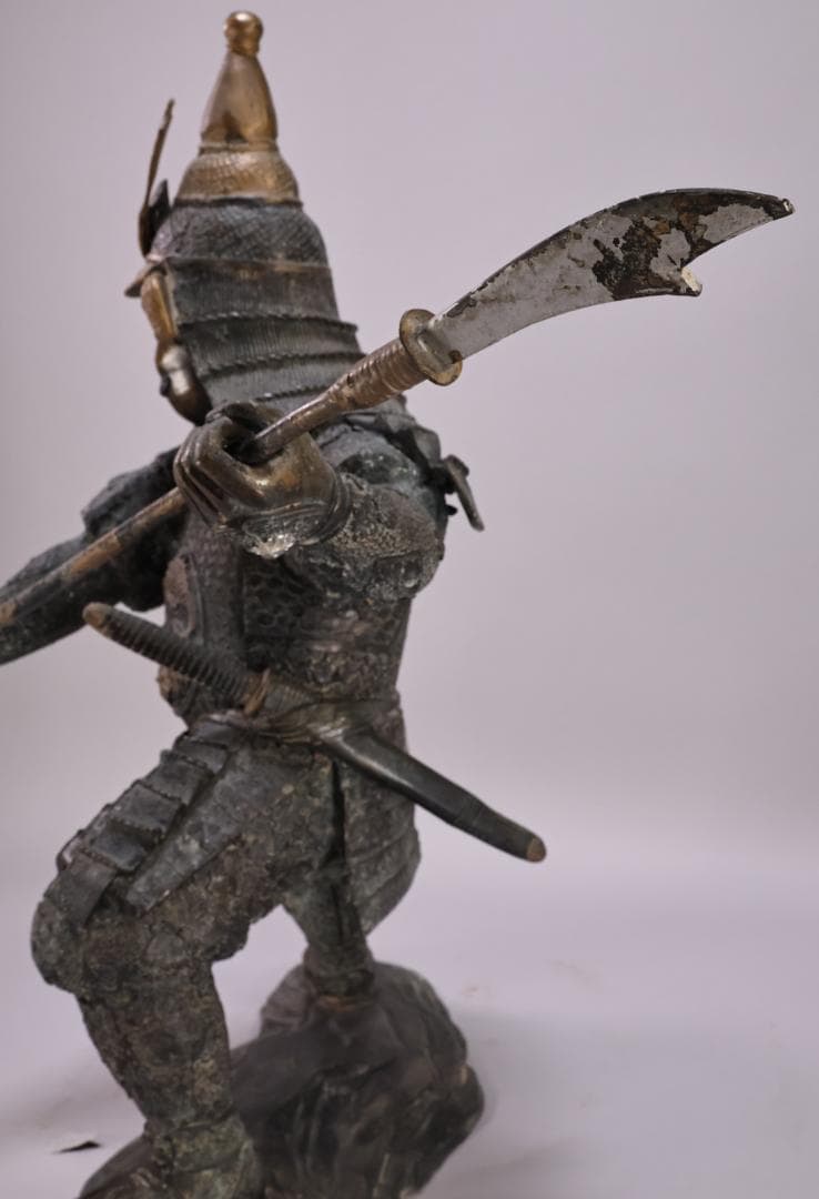 時代金工 明治期 ブロンズ像 銅製 武者 薙刀 置物 床飾 高55㎝ BK090