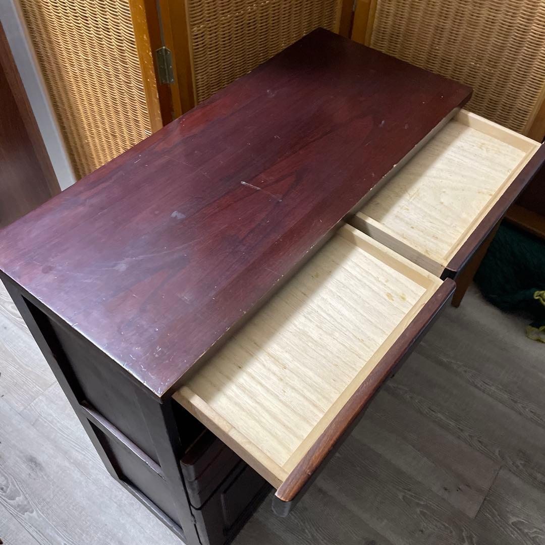 ダークブラウン木製キャビネット 12引き出し 開き棚2つ キャスター