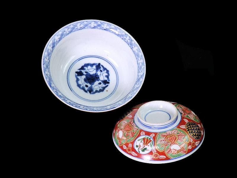 大聖寺伊万里 金襴手 丸紋 鳥に柘榴の図 蓋付鉢 B291AS-CPk