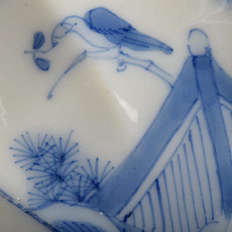 瀬戸焼 松籟園製 染付 花鳥文 扇面皿 V R9526