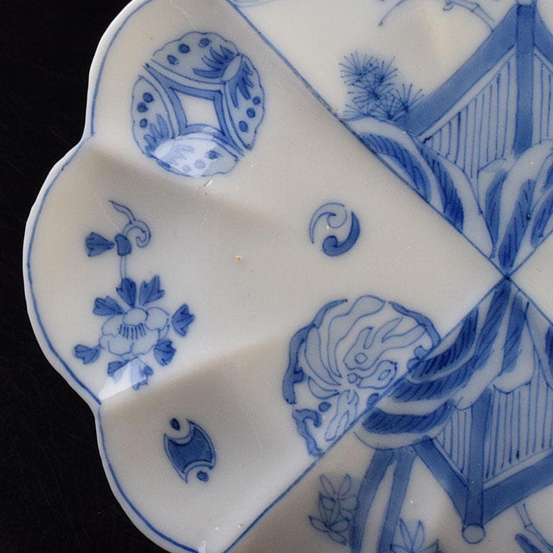 瀬戸焼 松籟園製 染付 花鳥文 扇面皿 V R9526