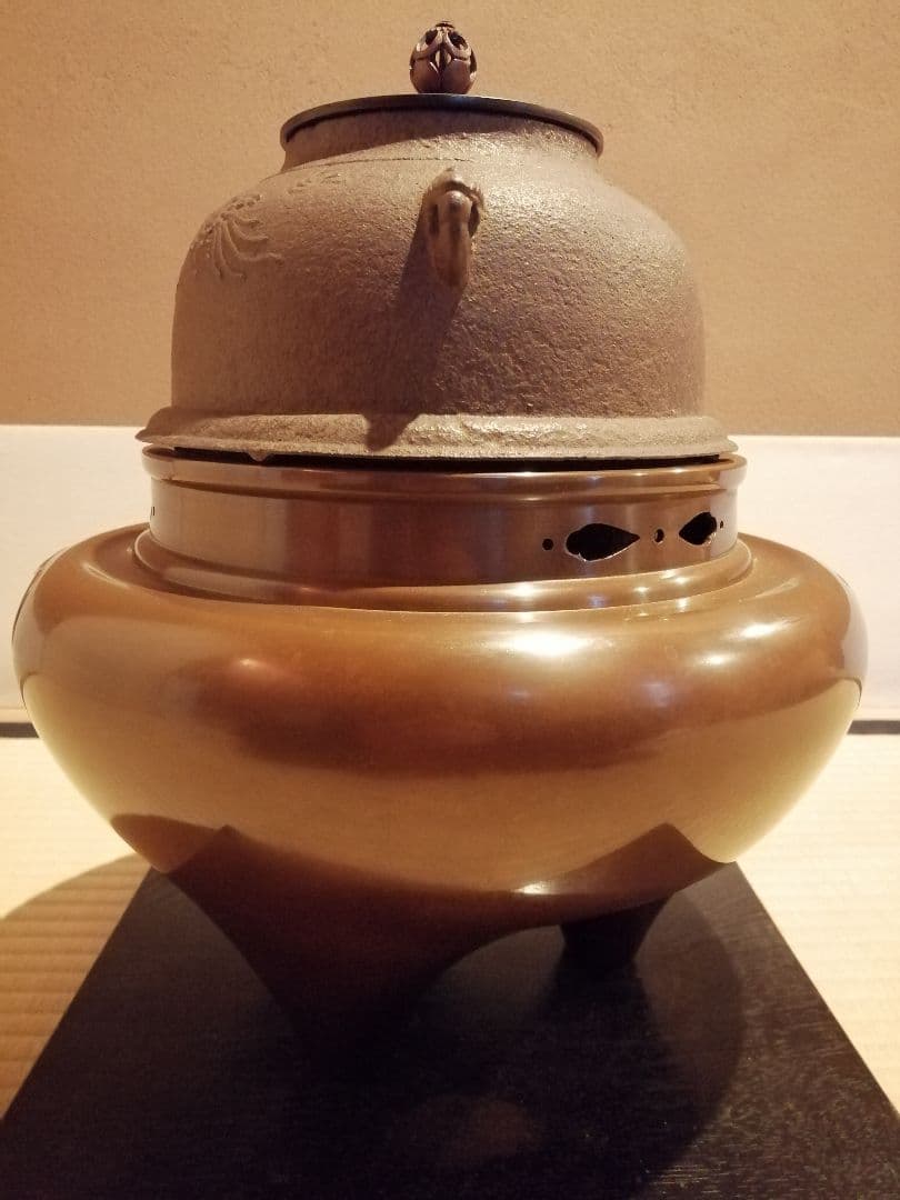 茶事具】釜師政光、風炉師雄芳造 唐銅朝鮮風炉釜 茶釜 釜