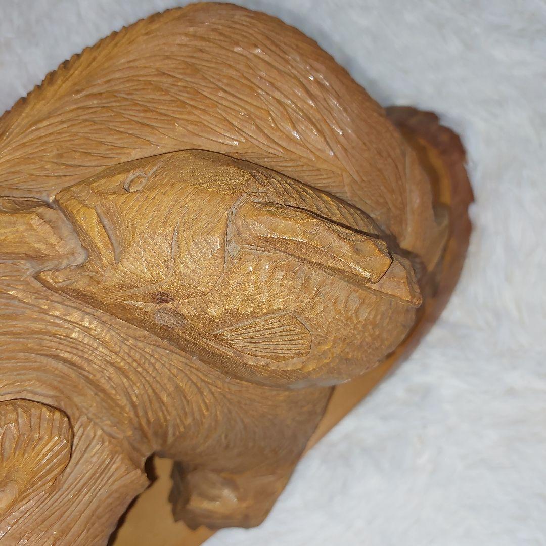 希少】70年代 鮭背負い熊 釣竿くわえ 木彫りの熊 一刀彫 アイヌ民芸 北海道