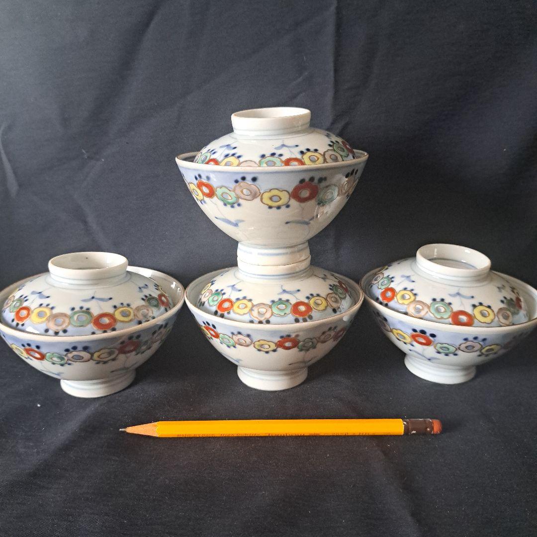 昭和のかわいい蓋茶碗！」有田焼き 色絵花文蓋茶碗 4客セット 骨董