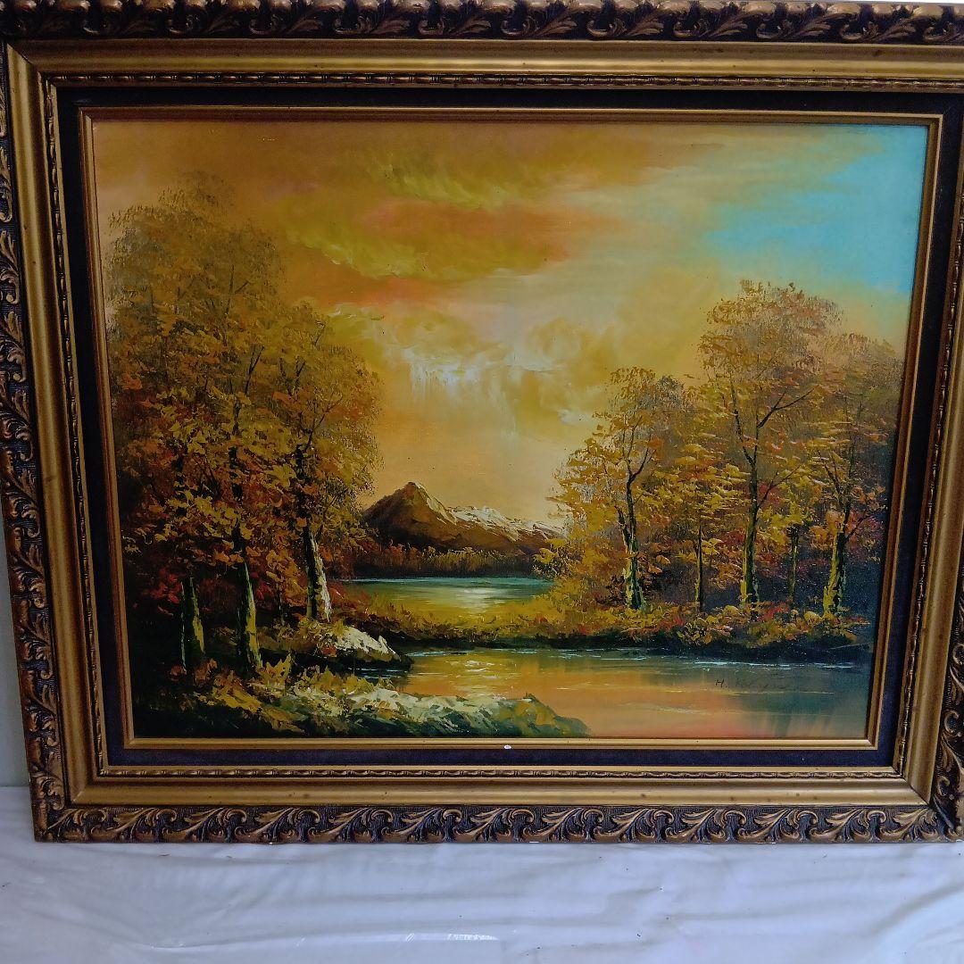 風景画 秋の色合い 装飾フレーム付き 日本庭園の秋の風景油彩画額付き