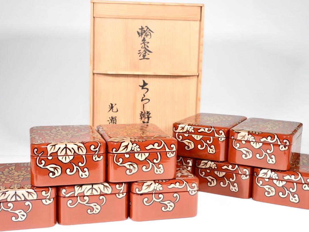 輪島塗 木製漆器 沈金 ちらし弁当、10客　高級美術