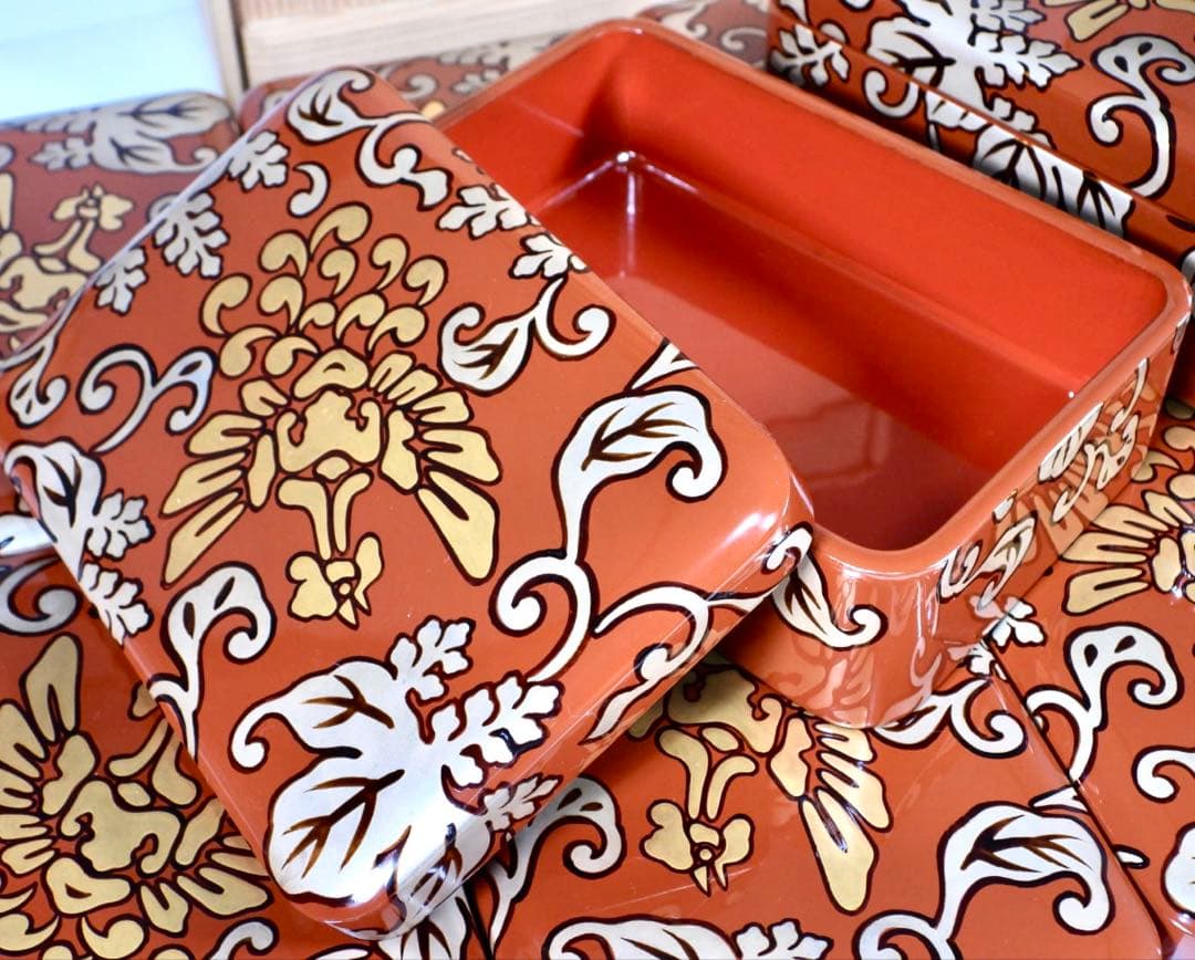 輪島塗 木製漆器 沈金 ちらし弁当、10客　高級美術